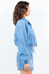 Drawstring Waist Crop Trucker Denim Jacket American Bazi