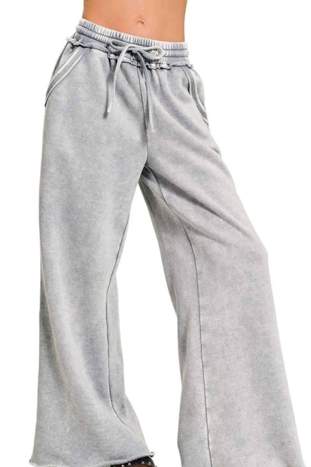 Acid Wash Fleece Palazzo Sweatpants with Pockets ZENANA SLEET M