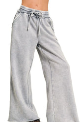 Acid Wash Fleece Palazzo Sweatpants with Pockets ZENANA SLEET M