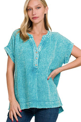 Washed Double Gauze 3/4 Button Henley Neck Shirt ZENANA LT TEAL S/M