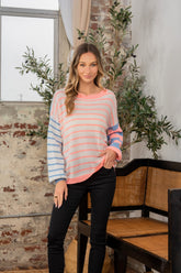 Sew In Love Full Size Striped Dropped Shoulder Sweater Sew in Love N.Coral Denim S