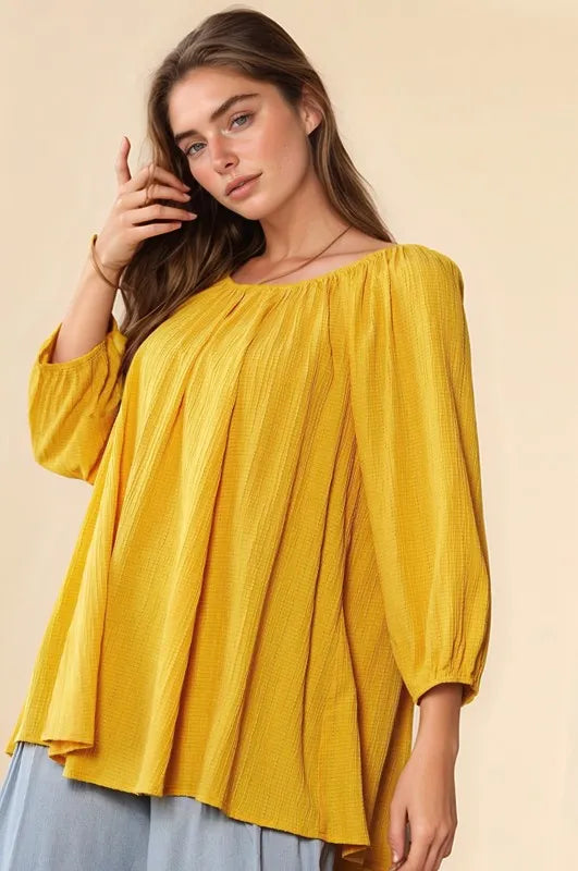 Crinckled Texture Fabric Round Neck Swing Top Davi & Dani