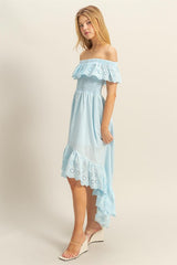 High-Low Eyelet Ruffled Off-Shoulder Dress HYFVE