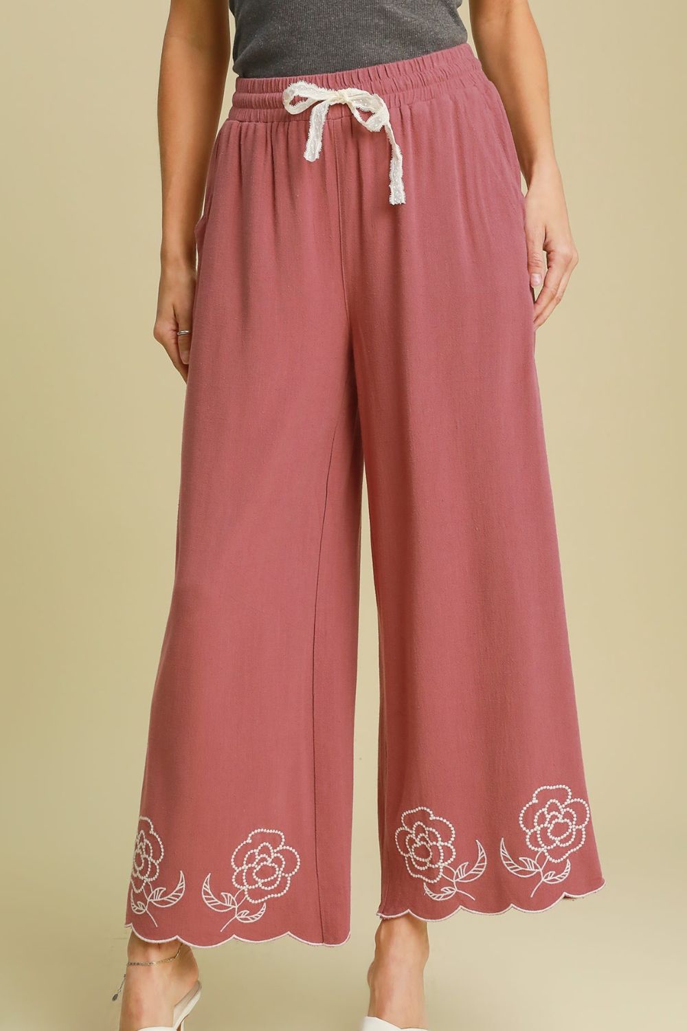 Linen Blend Wide Leg Pants with Scalloped Hemline Umgee Dusty Pink S