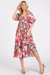 Flower Print Puff Sleeve Ruffle Smocked Midi Dress Mittoshop