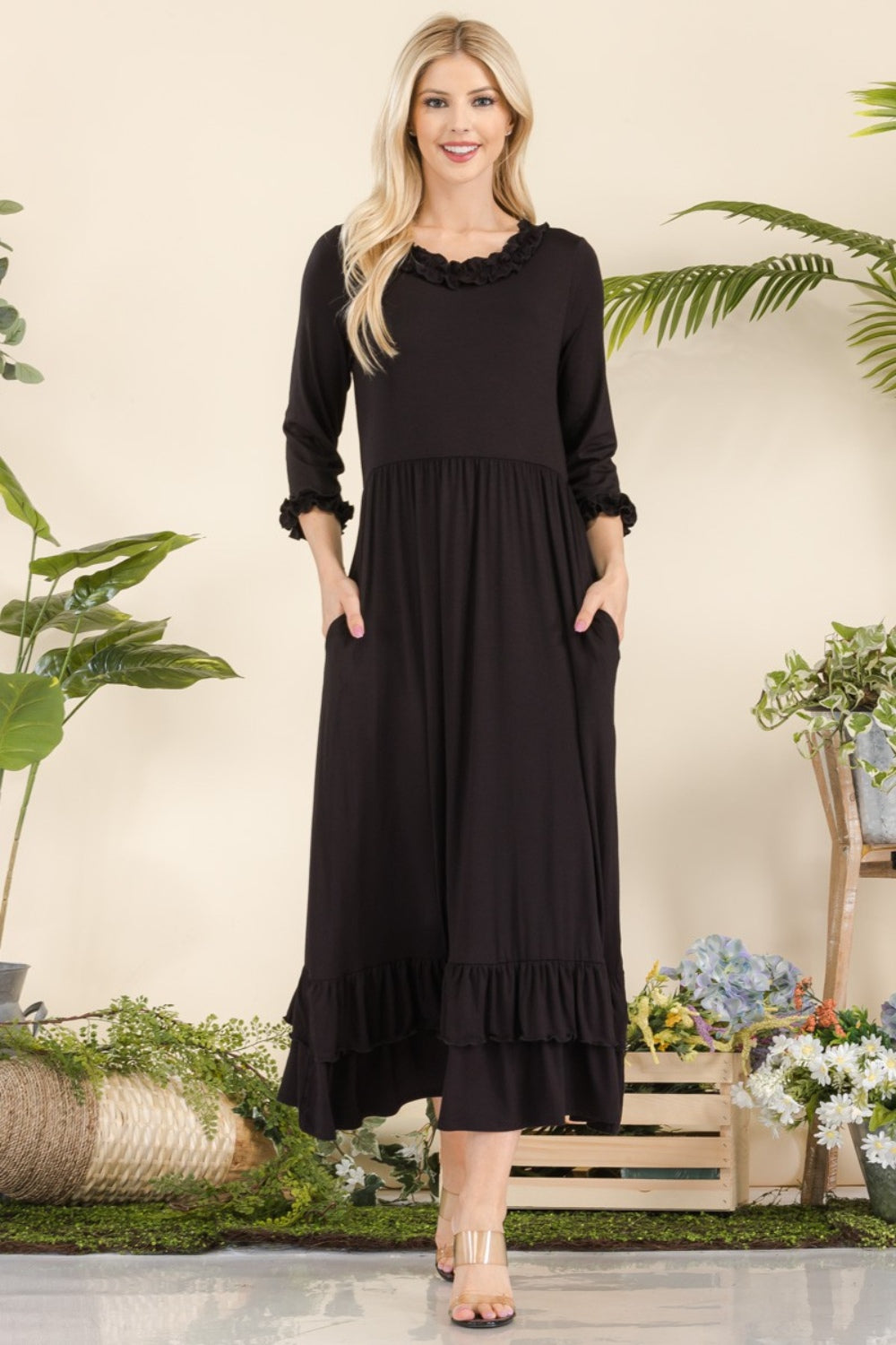 Layered Ruffle Hem Dress with Pockets Celeste Black S