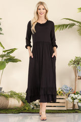 Layered Ruffle Hem Dress with Pockets Celeste Black S