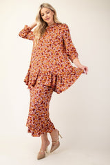 Floral Ruffled Top and Midi Skirt Set Celeste