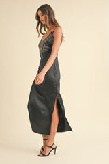Embroidered Cami Satin Midi Slit Dress Mable