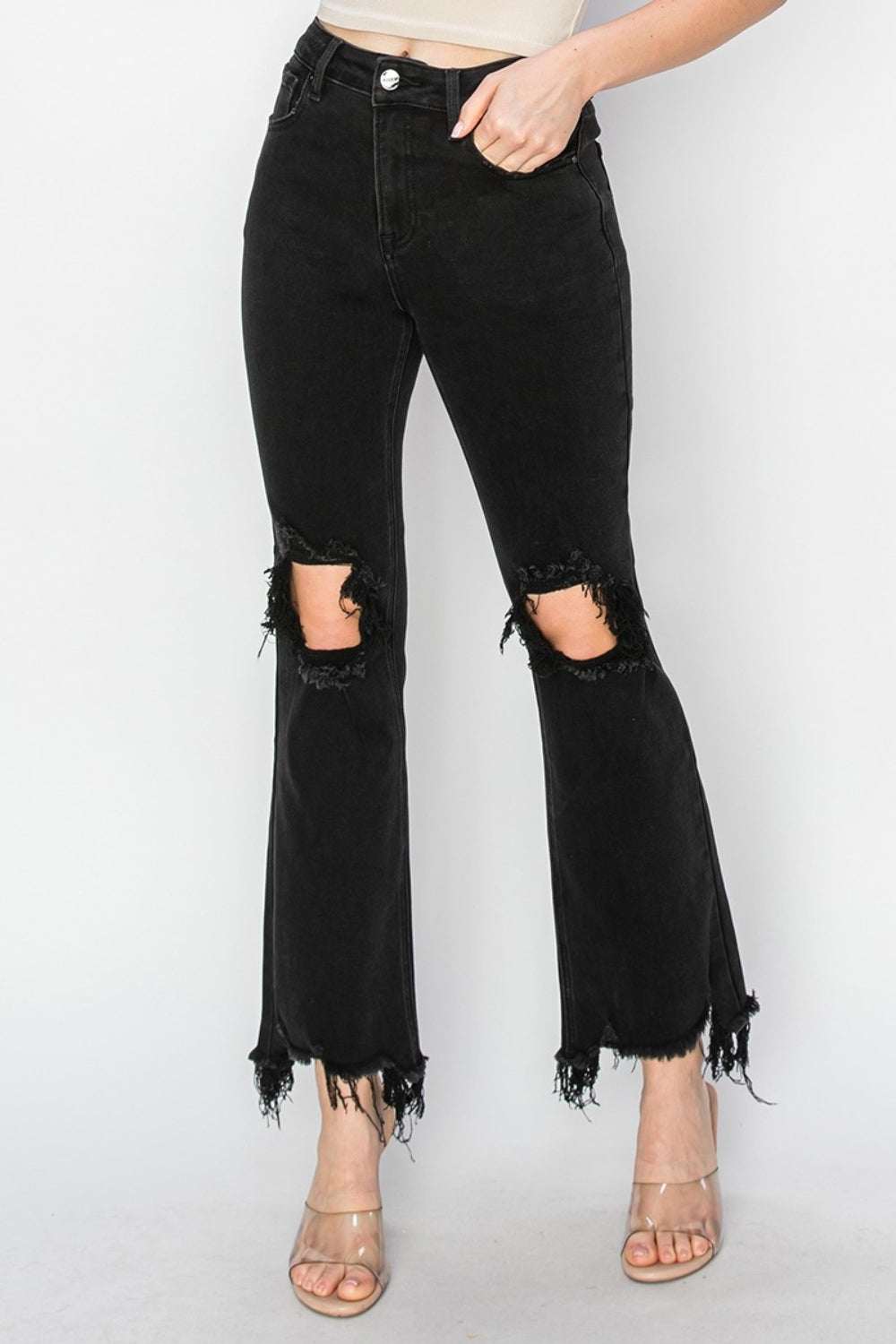 Distressed Raw Hem Jeans with Pockets Trendsi Black 0(24)