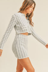 Houndstooth Cropped Knit Cardigan and Mini Skirt Set Mable