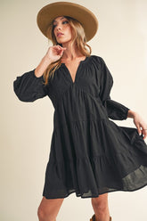 Notched Balloon Sleeve Tiered Mini Dress Aemi + Co Black S