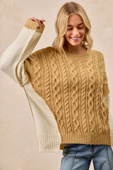 Cable Knit With Hacci Combo Sweater With Uneven Hem Detail BiBi