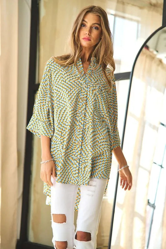Geo Printed Relaxed Fit Flowy Button Down Shirt Davi & Dani Blue Yellow S