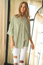 Geo Printed Relaxed Fit Flowy Button Down Shirt Davi & Dani Blue Yellow S