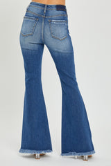 Full Size High Rise Front Slit Frayed Hem Flare Jeans Risen
