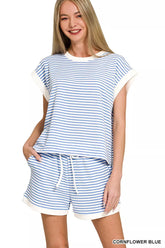 Stripe Contrast Trim Top & Shorts Set ZENANA CORNFLOWER BLUE S