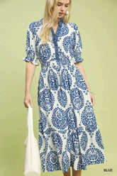 Paisley Smocked Waist Midi Dress Umgee Blue S