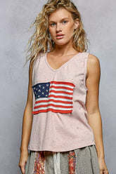 V-Neck Ribbed Tank with American Flag Patch and Star Back Patch POL SOFT PINK S