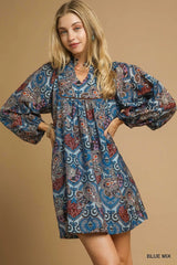 Boho Mix Paisley Babydoll Dress Umgee BLUE MIX S