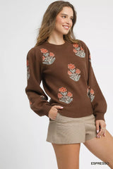 Floral Knit Sweater with Puff Sleeves Umgee