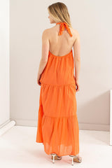 Flowy Halter Neck Cover Up Tiered Maxi Dress HYFVE