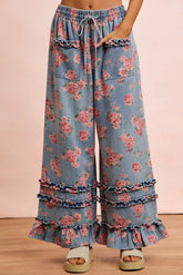 Washed Floral Denim With Ruffle Elastic Wide Pants BiBi WASHED DENIM S