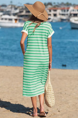 Stripe Collared V Neck Short Sleeve T Shirt Midi Dress with Pockets Simmer & Fay
