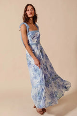 Floral Print Flowy Maxi Dress with Lace Ribbon Tie So Me