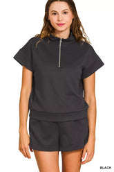 Scuba High Neck Half Zip Top and Dolphin Shorts Set ZENANA BLACK S