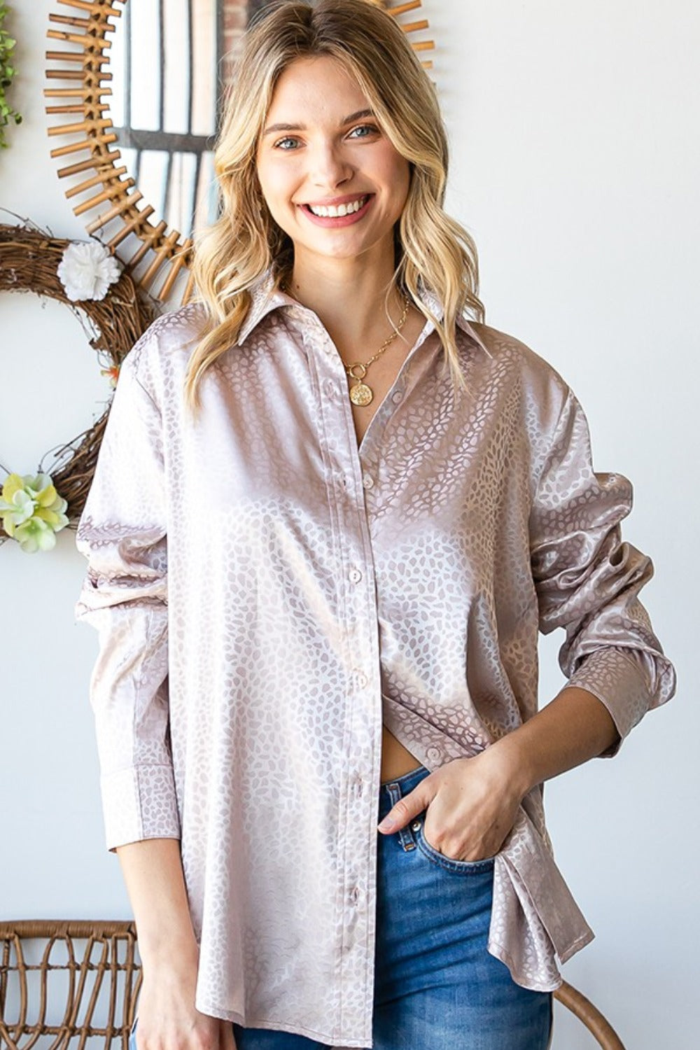 Ditsy Dot Button Down Collared Satin Shirt First Love Sand S