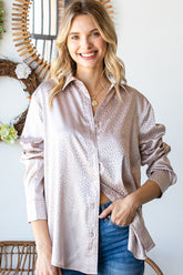 Ditsy Dot Button Down Collared Satin Shirt First Love Sand S
