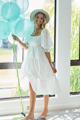 Swiss Dot Flounce Sleeve Smocked Tiered Midi Dress BiBi