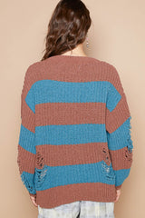 Striped Distressed Long Sleeve Sweater POL