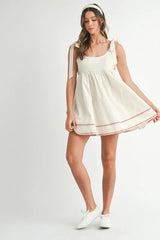 Zig Zag Embroidered Shoulder Tie Mini Dress Mable