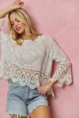 Floral Embroidered Crochet Lace Trimmed Top So Me