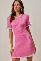 Contrast Ruffled Sweater Knit Mini Dress So Me PINK/WHITE S