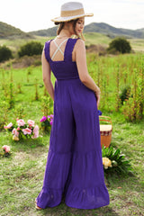 Smocked Bodice Strap Ruffle Tie Belt Jumpsuit Davi & Dani