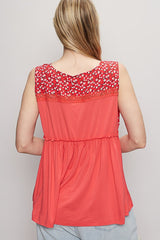 Lace Detail Frill Floral V-Neck Sleeveless Top POL