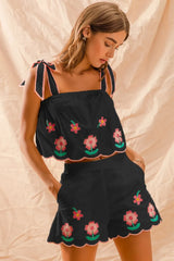 Flower Embroidered Tank Top and Shorts Set So Me BLACK S