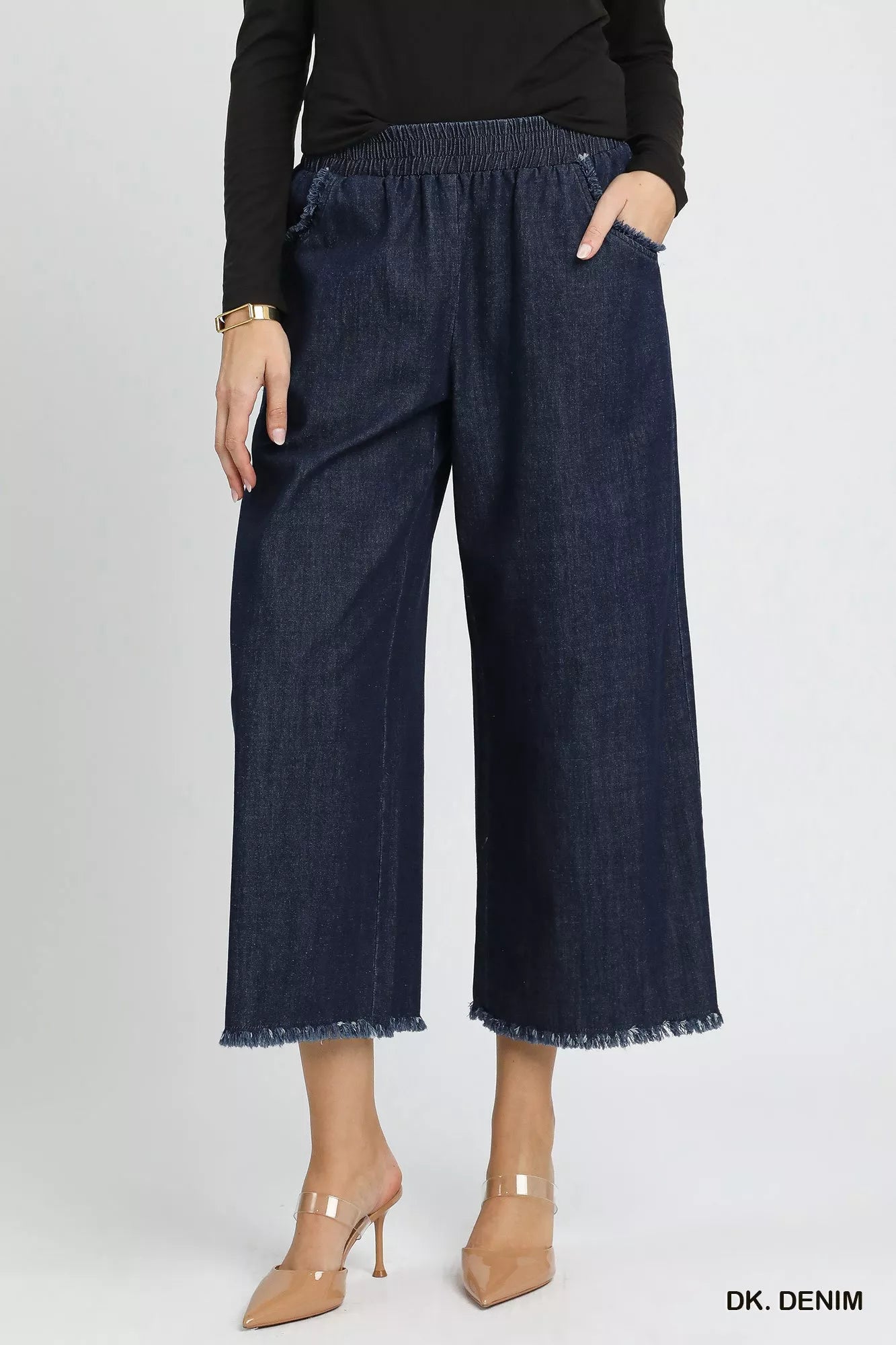 Washed Fringe Hem Wide Leg Jeans Umgee DK. DENIM S