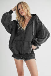 Exposed Seam Zip Up Drawstring Hooded Jacket Aemi + Co Black S