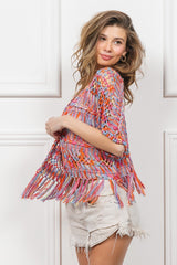 Open Front Fringed Crop Knit Cardigan BiBi