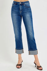 High Rise Ankle Straight Cuffed Jeans With Plus Size Risen
