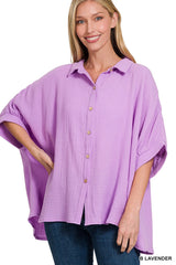 Zenana Double Gauze 3/4 Sleeve Button Up Shirt Trendsi