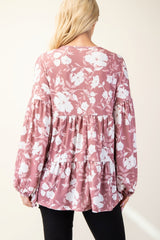Tiered Floral V-Neck Long Sleeve Blouse Celeste