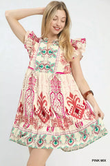 Simmer & Fay Umgee Pink Mix ruffle sleeve boho print dress with tiered skirt and flutter sleeves