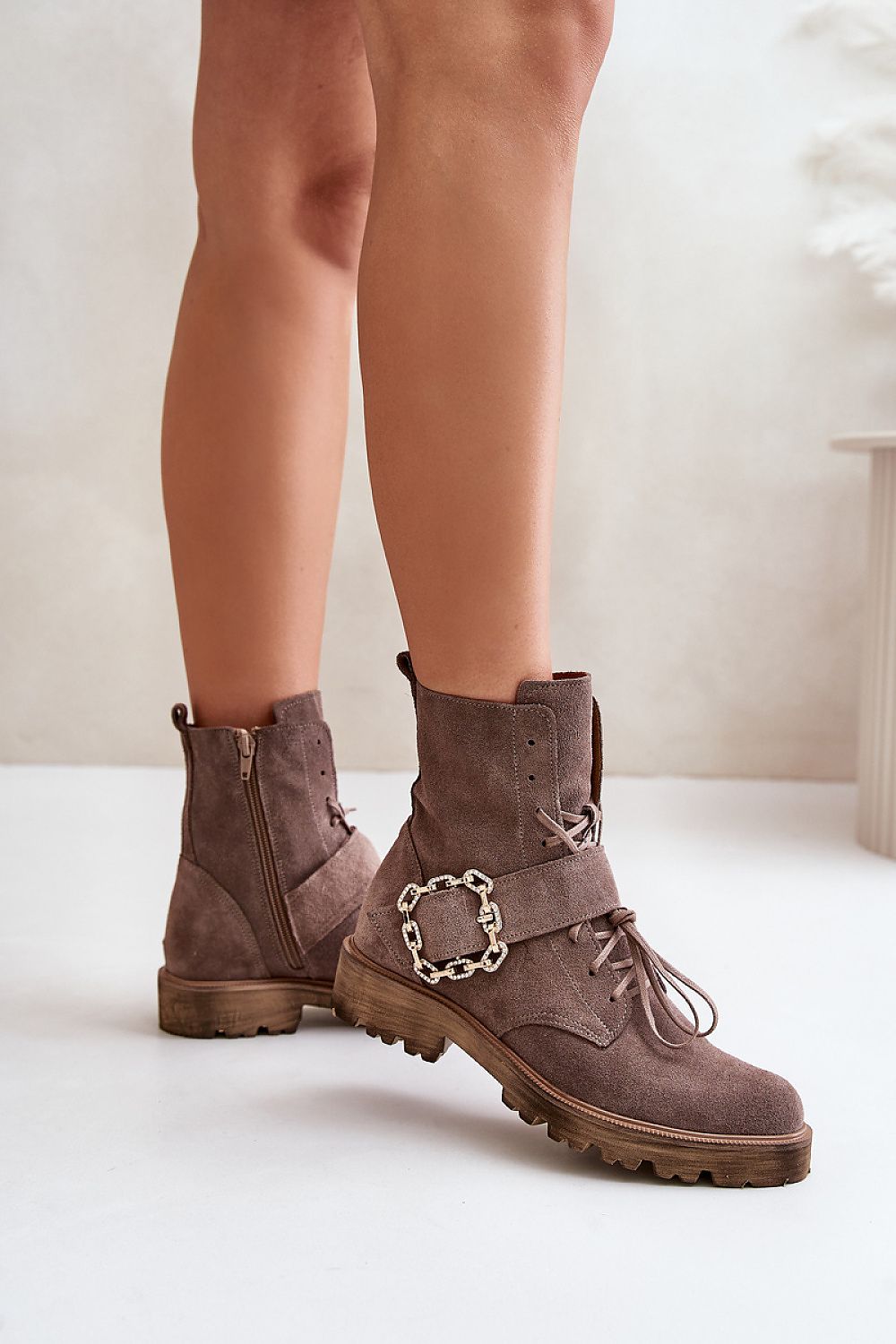 Suede Lace-Up Ankle Boots with Chunky Buckle and Zipper Step in style