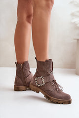 Suede Lace-Up Ankle Boots with Chunky Buckle and Zipper Step in style
