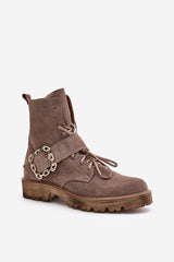 Suede Lace-Up Ankle Boots with Chunky Buckle and Zipper Step in style